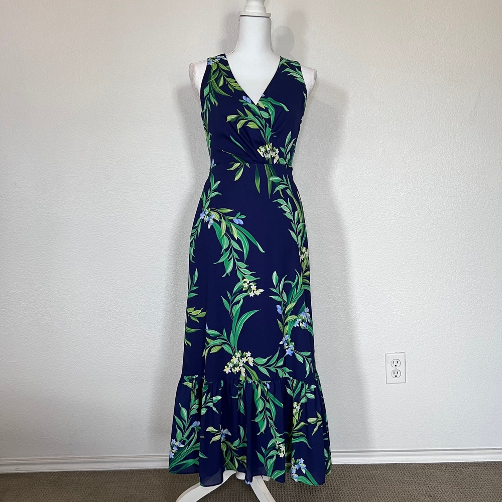 Tommy Bahama Maxi Dress Size 0 Navy Blue Tropical Floral Ruffle V-Neck Tie Waist